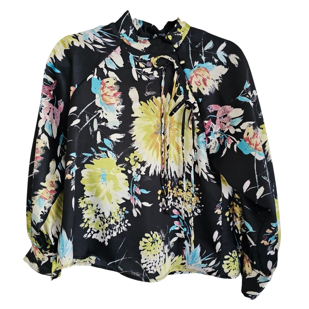 Zara Black Floral Satin Mandarin Collar Blouse Sz S Chic Dark Floral Top
